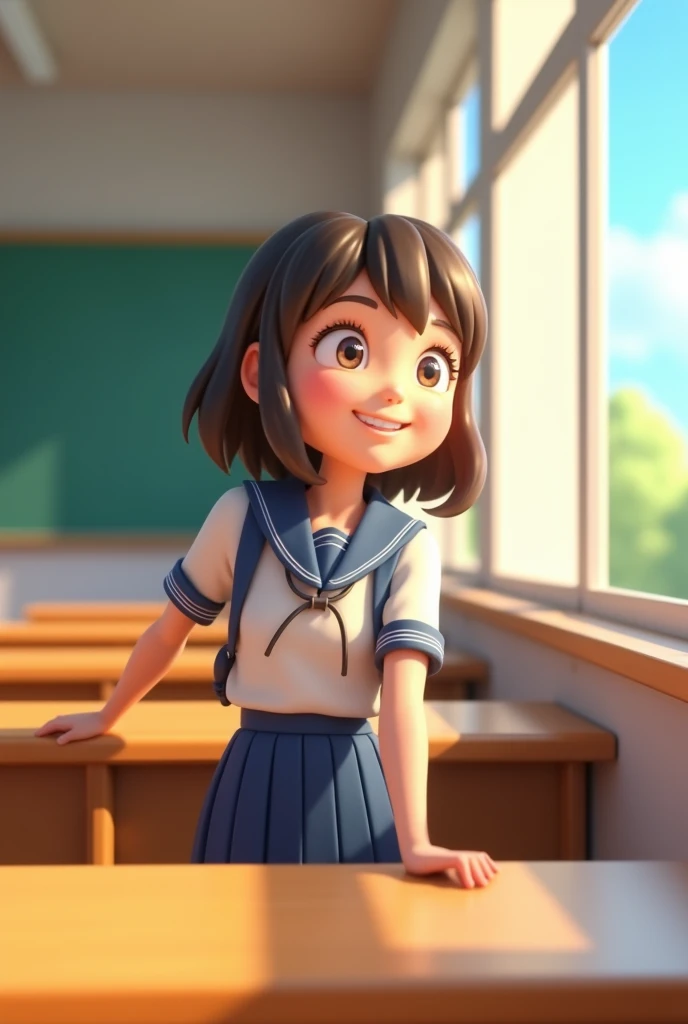 A girl in a high school classroom，The last row by the window，Looking out the window，Wearing school uniform，Smiling happy expression，Cartoon 3D style，