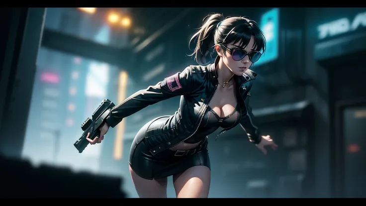 cyberpunk-style city with a nocturnal vibe with Blade Runner-like aesthetic references. At night, (1girl, solo, alone), medium-breast slim:0.6 body, oval:0.5 face, cleavage:1.1, sexy black laced bra, miniskirt, white laced panty, coat, (black micro sunglas...