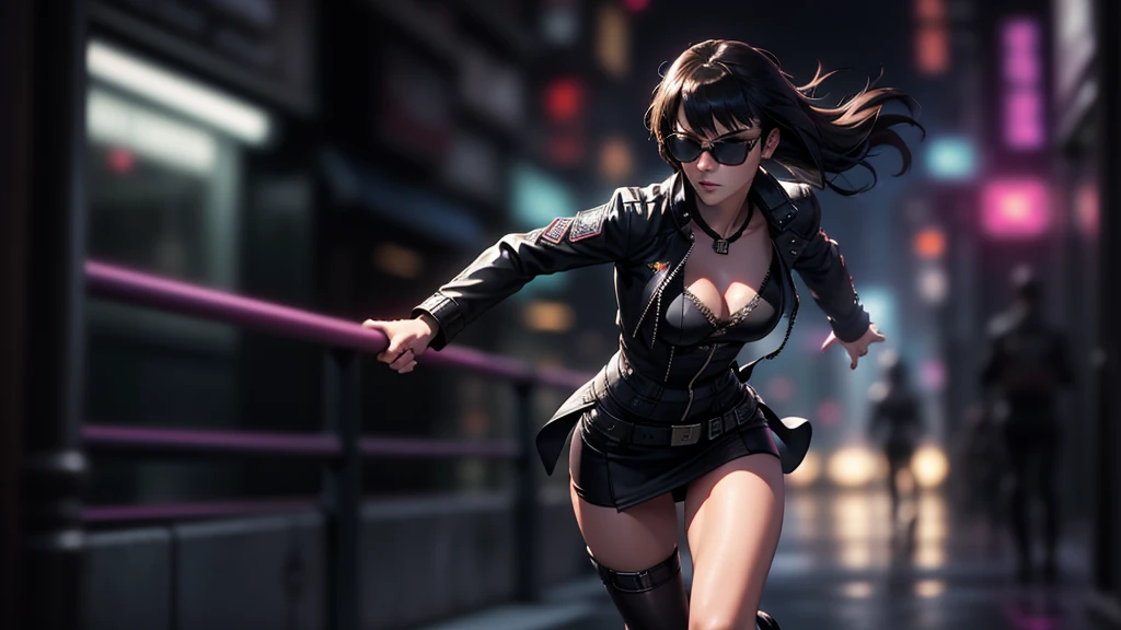 cyberpunk-style city with a nocturnal vibe with Blade Runner-like aesthetic references. At night, (1girl, solo, alone), medium-breast slim:0.6 body, oval:0.5 face, cleavage:1.1, sexy black laced bra, miniskirt, white laced panty, coat, (black micro sunglas...