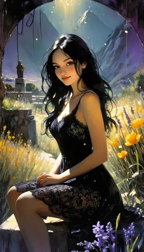 1 girl, long black hair, lavender, short black dress, lace dress, smile, flower garden, full body, sitting, mountains in the distance, light particles, (depth of field, cinematic angle, cinematic lighting: 1.2), blurred background, blurred foreground, (mas...