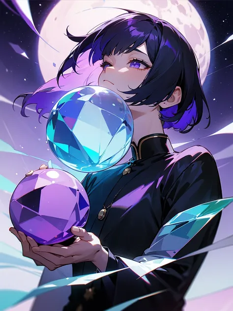 had a crystal ball、A man with purple and black bob hair、With the night sky and moon in the background、Look up