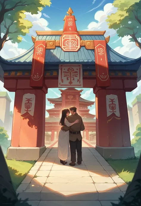 A couple at the temple the name of temple is iscon  men scrolling on her hair and  the women hugging him and they both are making eye contact  they are standing some distance from the temple with the open sky 