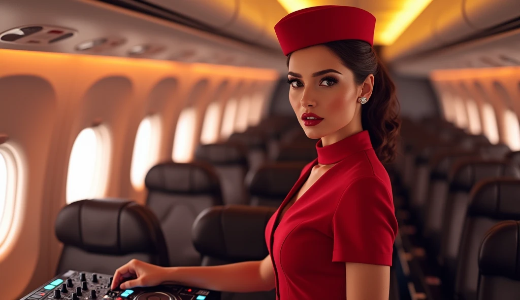 a beautiful female hostess in a flight, DJ DJing, wearing flight attendant uniform detailed realistic portrait, high quality, photorealistic, extremely detailed eyes and face, long eyelashes, mature elegant expression, red lips, flight attendant uniform, s...