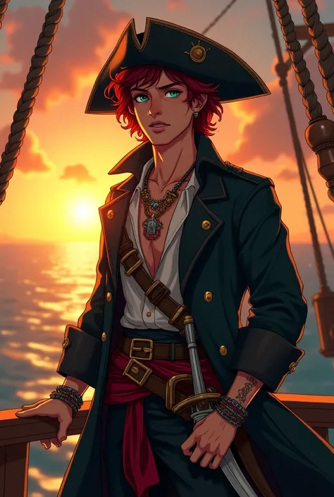 Generate the image of a pirate for a DnD campaign total body. A male pirate around 20 years old with an excited face. He has mid length dark red curly hair, without any type of facial hair. His eyes are emerald green, and he has a small scar on the bridge ...