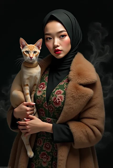 beautiful japanese woman wearing full black hijab and tanned skin, wearing designer mocha fur coat, and loose satin turtle neck dress with intricate floral pattern (Dark green, red, gold), thick eyebrows, photorealistic, masterpiece, moncle, open coat, pou...