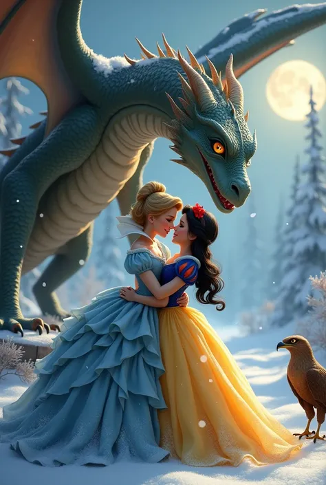 Rose Cinderella hugging Hawk Snow White on a dragon 