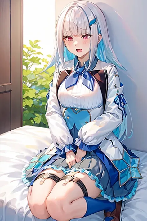 Highest quality, fingering, schlick, masturbation,Ahegao,blush,, lh1, hair ornamnet, long hair, long sleeves, pleated skirt, blue thighhighs, 手链, frilled skirt, white jacket, white shirt, blue skirt, thigh strap,(Anatomically correct), Plump thighs,Bedroom...