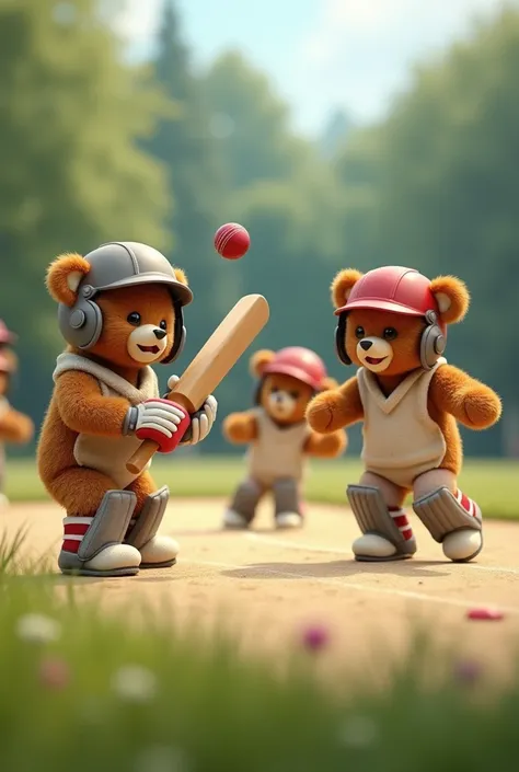 Teddy bear play cricket with here friends teddy was bating and bowl was go to six run 