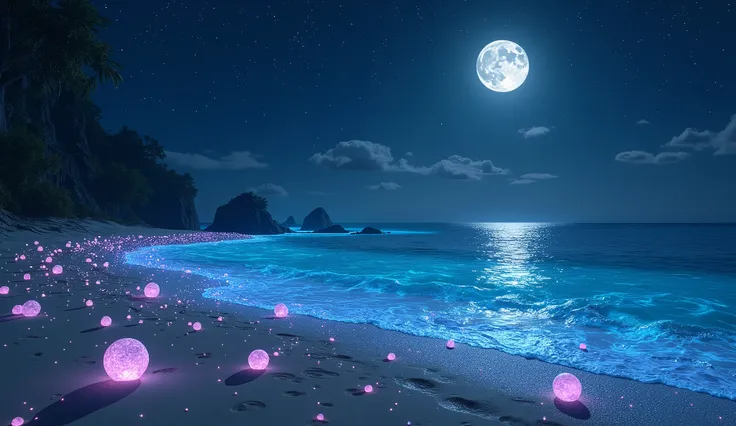 In the night sky，The beach is covered in blue and green fluorescent light，(Many beautiful colored stones like glass are scattered all over the beach，海滩有HD画质)(Very beautiful various luminous stones sparkling all over the beach，Crystal clear)，Huge Moon，Elf L...