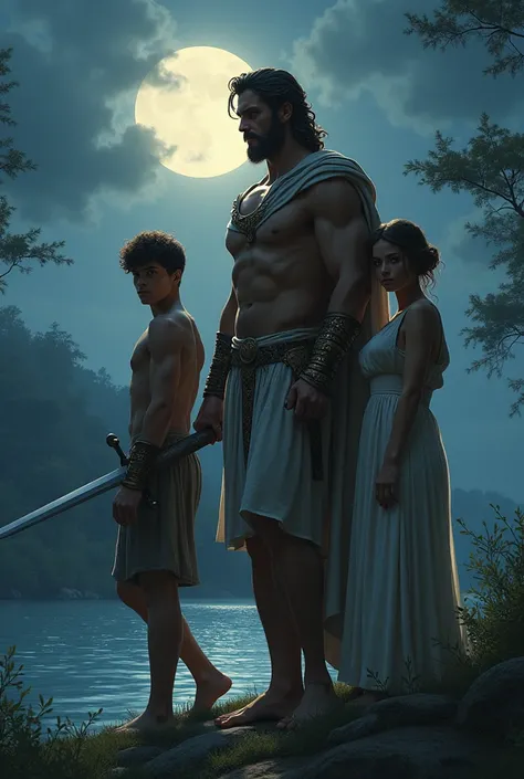 A handsome Greek god, a young man with a sword and a woman, it was night near the river
