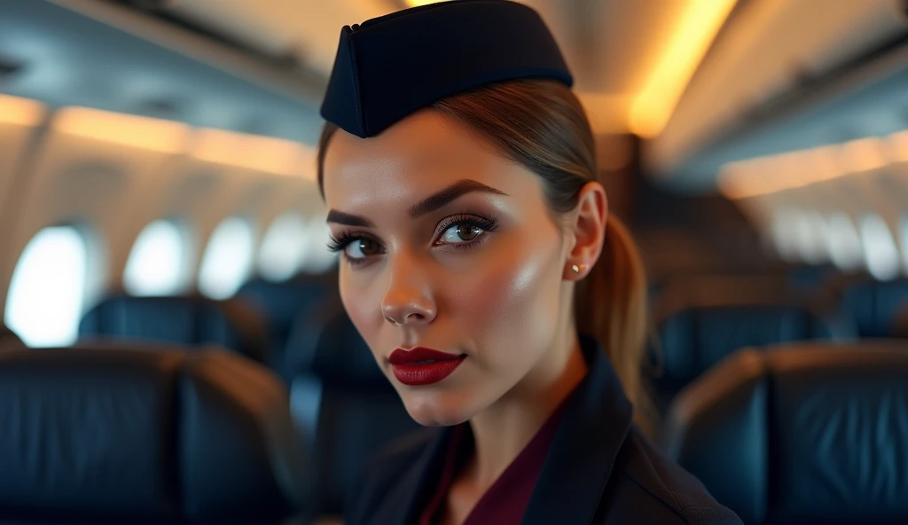 a beautiful female hostess in a flight, DJ DJing, wearing dark blur flight attendant uniform detailed realistic portrait, high quality, photorealistic, extremely detailed eyes and face, long eyelashes, mature elegant expression, red lips, flight attendant ...