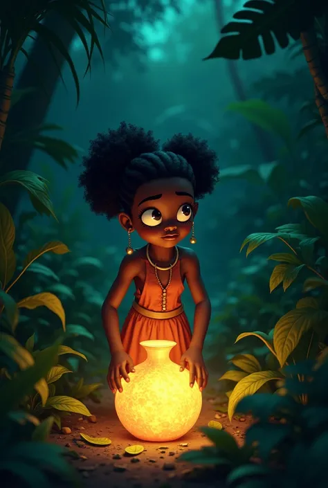 An African girl in the middle of the jungle at night finds a big glowing calabash on the ground
