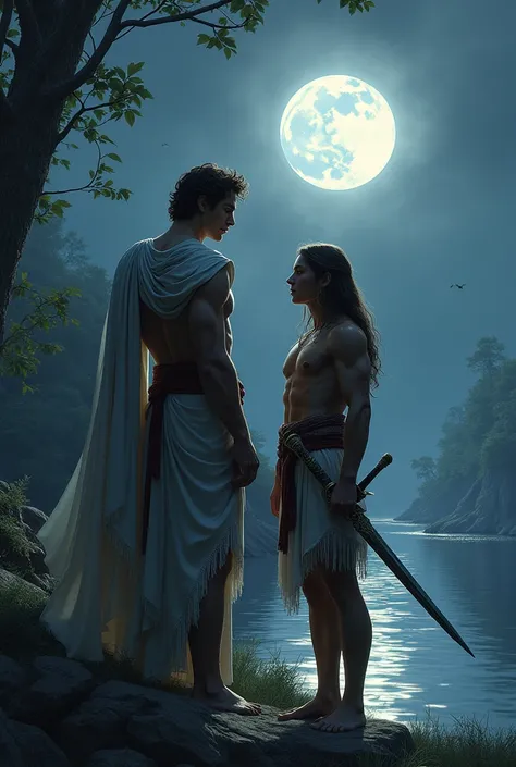 A handsome Greek god and is young man with a sword and a woman, it was night near the river
