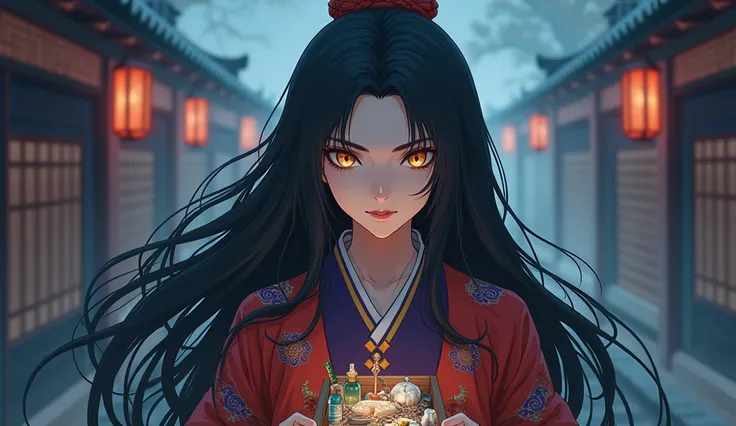 Create an image of a female character inspired by the medicine seller from Mononoke in the Karakasa arc. She has a mysterious and ethereal appearance, with long, flowing black hair and sharp, striking features. Her eyes are intense and seem to hold ancient...