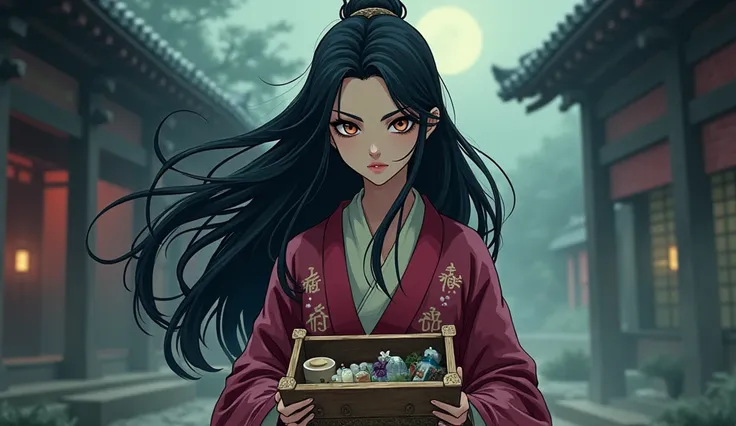 Create an image of a female character inspired by the medicine seller from Mononoke in the Karakasa arc. She has a mysterious and ethereal appearance, with long, flowing black hair and sharp, striking features. Her eyes are intense and seem to hold ancient...