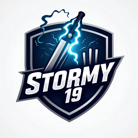 "Design a modern and dynamic cricket team logo for a team named Stormy 19. The logo should feature a storm or lightning theme, with a bold and energetic design. Include elements like a cricket bat, ball, or stumps subtly integrated into the design. The col...