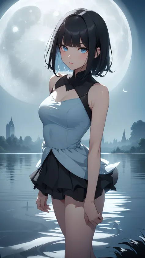 Highest quality, flying debris、Beautiful woman、Black Hair、(Dark blue eyes、Blunt bangs、Blunt bangs)、short hair、beginner,Full body portrait、break(Ballet Dancer、Ballet Dress、Tutu skirt:1.2)、break(((The lake of swan、Moonlit Night:1.3))),Big Breasts、((The fog i...