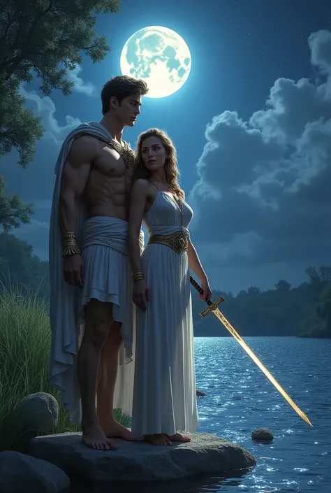 A handsome, young Greek god with a sword and a woman, it was night near the river
