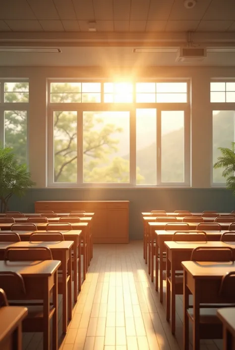 A realistic photograph features a Chinese high school classroom. The upper part of the image shows sunlight streaming in through the windows, while the lower part shows rows of desks and chairs. The classroom is empty, and the entire scene is bright and tr...