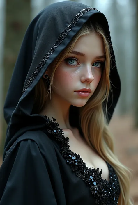 1 girl, Hooded dress, long silky hair, golden hair, High Resolution, Breasts, Blush, Earrings, Blue eyes, complex detailed eyes, black dress with black crystals