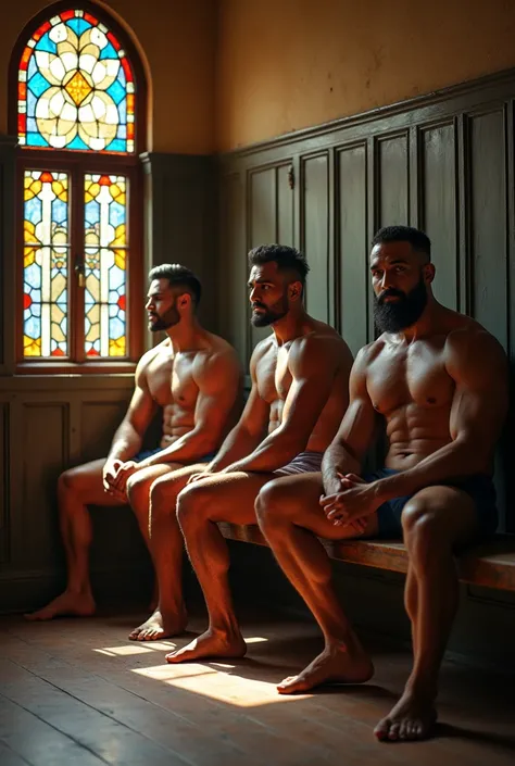 Strong and muscular Bolivian men standing in their underwear and sitting on the bench in their underwear, in the locker room, with stained glass windows in the background, in a historic building from 1650.