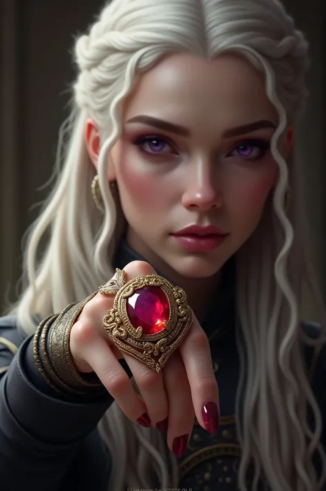 Viserra Targaryen played by the actress, >, showing off her engagement ring, a very thick and decorated gold ring, He also brings you a ruby "Fire & Blood"