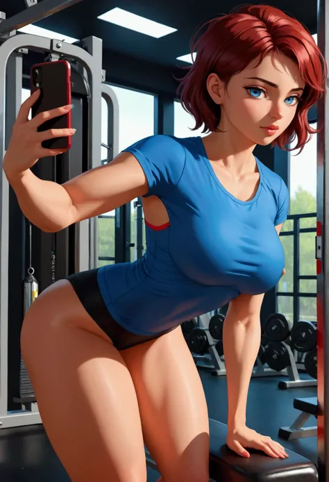 20 years old woman, Short brown hair, Méditerranéenne aux blue eye, Generous and heavy breasts, slender waist, estomac defini, fesses rebondies et pulpeuses, naturally curved, muscular thighs, aguicheuse, in the gym, Selfie, short noir et teeshirt rouge , ...