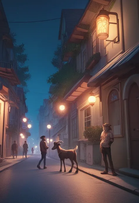 In Cinematic 3d cartoon style "Creat an image of a poor teenager boy on the street of village, around the boy have many goats, goats colour are white with black spots, both sides of street have two tree, environment is darken night,image size(1536×848)