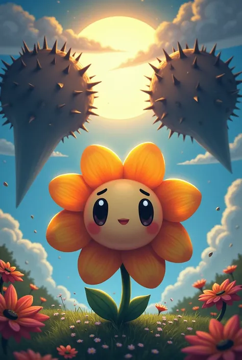 Flower from Undertale with her face close to two meteors with thorns on the rises and blocking the view of the sun 