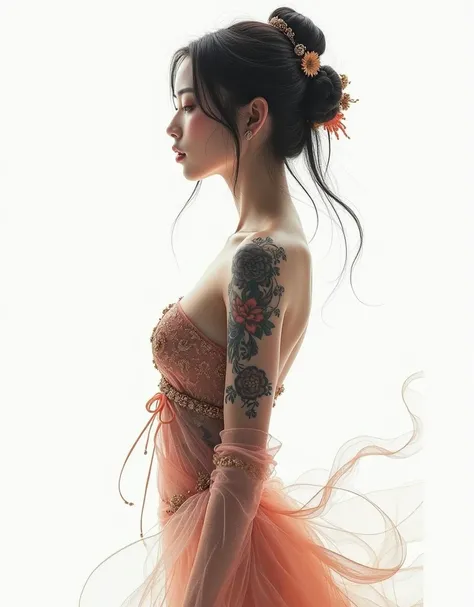 A beautiful Chinese girl，sketch，minimalism，pencil drawing，clear lines，(double exposure:1.4)，delicate ornament，Kuindzhi，(upper thighs shot:1.3)，full body shot，low angle shooting，(tattoo:1.3)，Tyndall effect，soft focus，4k，hdr， [hdr:0.9]，Acid Graphics，plant 1g...