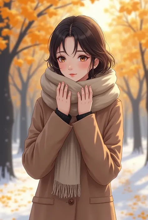 Draw a portrait like the one in the photo。 
Japanese women、
22〜2、
Slim body type、 
Winter PM3:00 The light comes from the left diagonal front、
Ginkgo trees, long cashmere coat, scarf, cute expression, hands on scarf