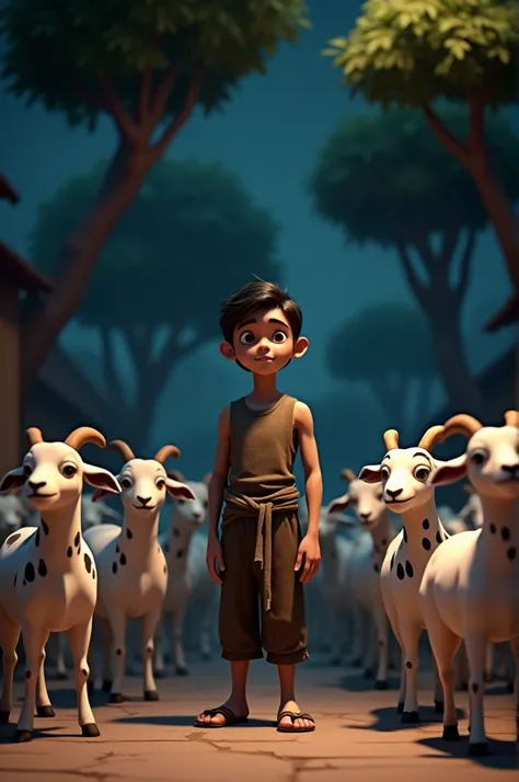 In Cinematic 3d cartoon style "Creat an image of a poor teenager boy on the street of village, around the boy have many goats, goats colour are white with black spots, both sides of street have two tree, environment is darken night,image size(1536×848)