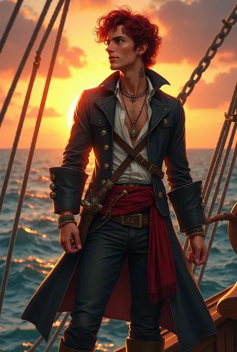 Generate the image of a pirate for a DnD campaign total body. A male pirate around 20 years old with an excited face. He has mid length dark red curly hair, without any type of facial hair. His eyes are emerald green, and he has a small scar on the bridge ...