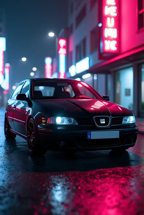 Black seat leon 2005. On street, with neon style.