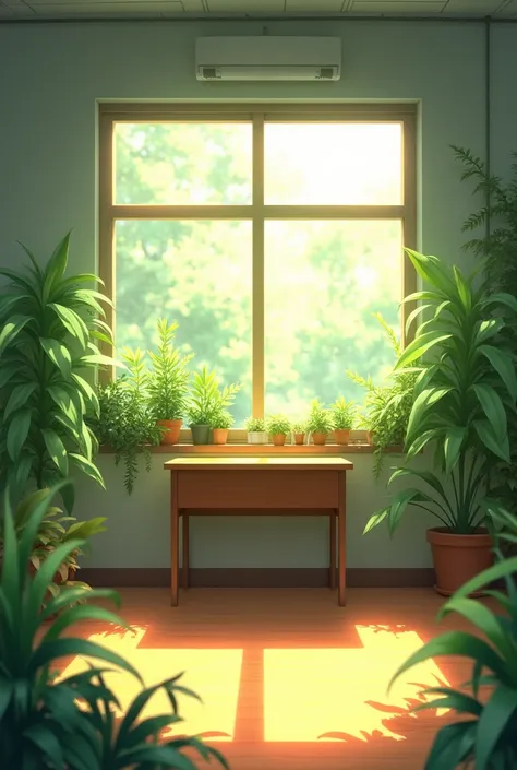 A school classroom with green plants and sunlight shining through the windows, a desk in front of it, anime style, high resolution, high quality, high detail, anime aesthetic, realistic, anime art, anime style, high details, anime, anime composition, anime...