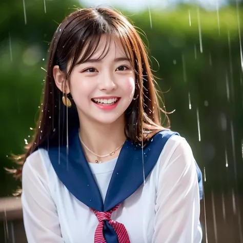 Girl in the rain、Cute school girl、Blushing、Staring at the audience、heavy rain、Big ample breasts、Sailor uniform sticks to the chest when wet、Skirt、Wearing a Japanese uniform and standing in the rain、hairpin、necklace、Earrings、Wet and leaning forward、Looking ...