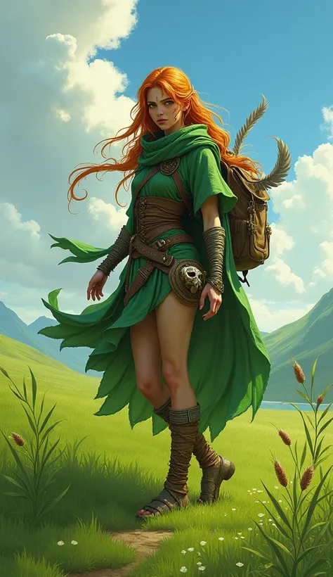 Grass, Sky, Field, League of Legends, 1girl, elf, druid, animal ears, bandage legs, long legs, bandage, bandage, bird legs, bird skull, cape, shut up, ears by headdress, eyes visible through hair, face drawings, feathers, hood, hooded cape, long hair, brow...