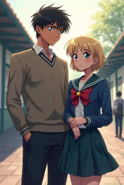 Can you make me a picture of Seiya Kou from Sailor Moon with a girl who is tall enough to reach his shoulders?,fair skin dark eyes and short blonde hair with school uniform 