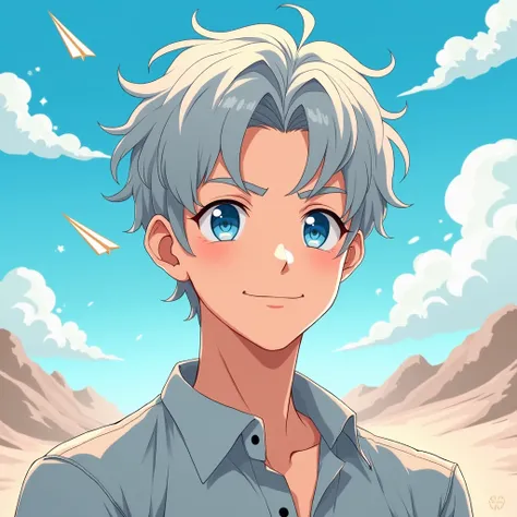 
This temperament male anime avatar，The protagonist is a cool young man，Also a male god。He has short, neat, slightly curly hair.，Hair color is fashionable silver gray，He&#39;s wearing a shirt and his eyes are bright，Eye color is deep blue，As if he could se...