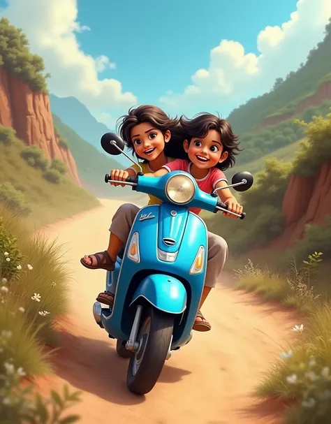 On blue scooty boy and girl ride on wild rode area india and girl drive