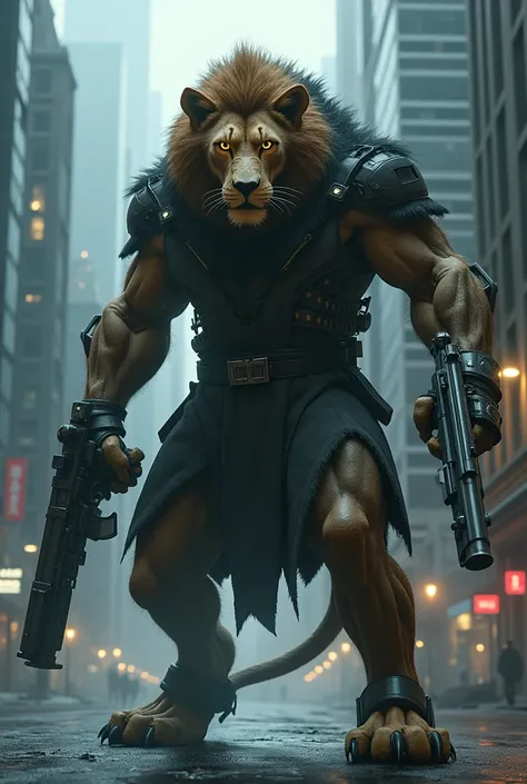 Lion with man with weapons and in the horror sean with dark in the road and like villain in the modern time and lion like a supper animal in the Avengers lion was standing like man in the super hero costume and hand over the weapona in the lion and make it...