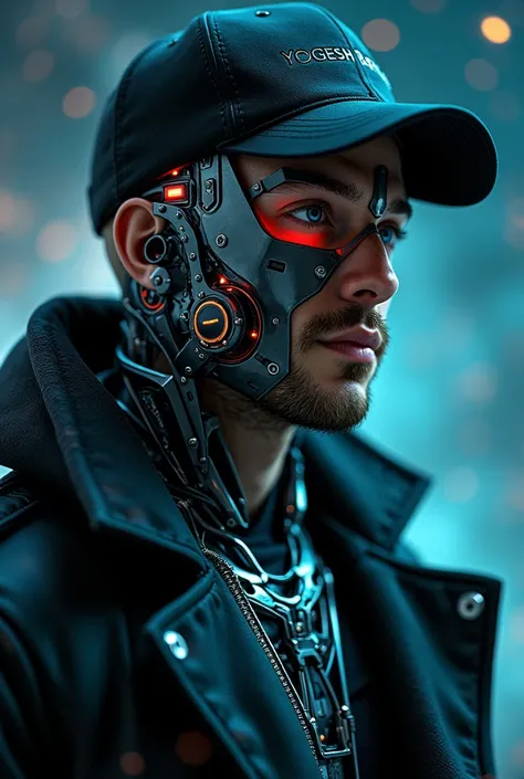 A highly detailed 1 boy cyborg, with a focus from the shoulders up, looking slightly towards the camera. The cyborg should have a futuristic and sleek appearance, featuring polished metal, intricate mechanical details, and neon glowing cybernetic implants....