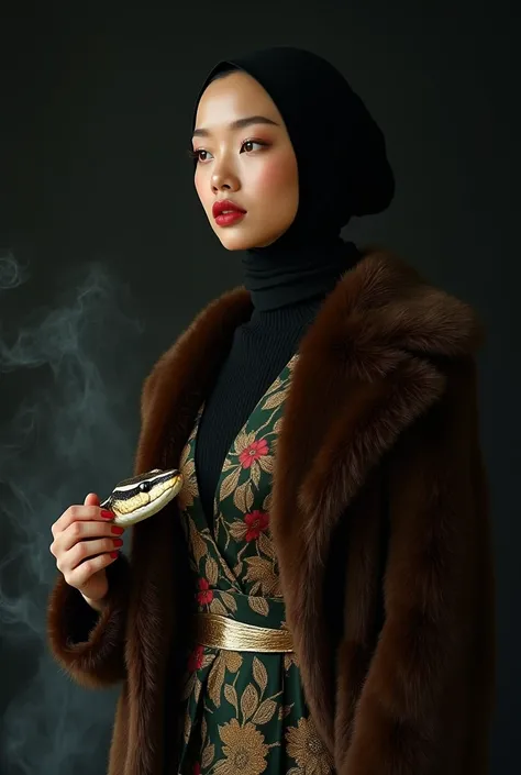 beautiful japanese woman wearing full black hijab and tanned skin, wearing designer mocha fur coat, and loose satin turtle neck dress with intricate floral pattern (Dark green, red, gold), thick eyebrows, photorealistic, masterpiece, moncle, open coat, pou...