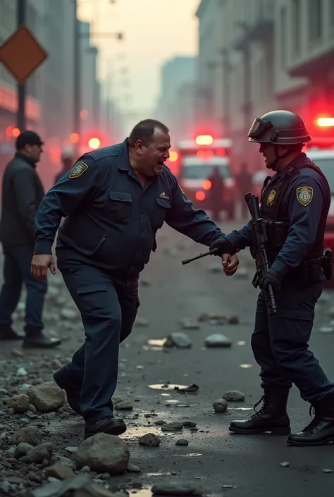 **Police Confrontation:** The police confront Pineapplecat’s father, trying to calm him down amidst the destruction.