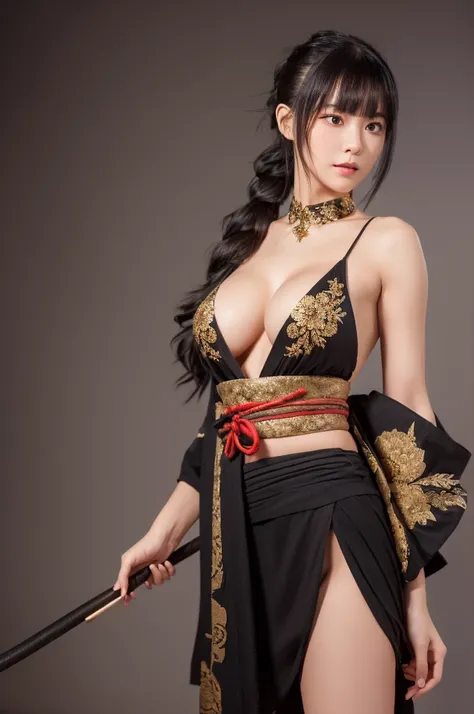 (best quality,4k,highres,masterpiece:1.2),ultra-detailed,(realistic,photorealistic:1.37),(highest quality), (detailed), Light Layer, Shiny skin, (intricate detailed, Tight clothes, wearing black gold kimono, Big breasts, topless, cleavage, hair ornaments:1...