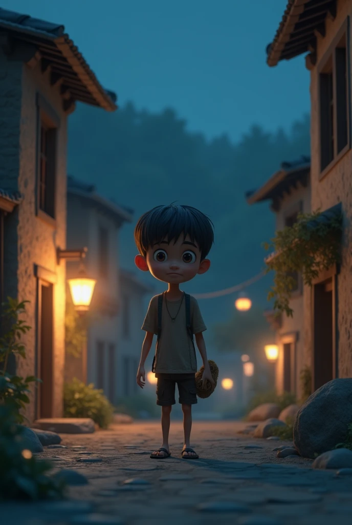 In Cinematic 3d cartoon style "teenager poor boy on the street of village in night image creat (image size 1536×848)