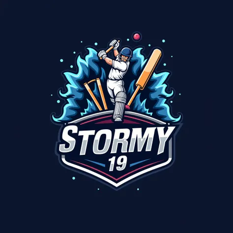 "Design an eye-catching logo for a cricket team named Stormy 19. The logo should feature a dynamic storm or lightning motif to symbolize energy and intensity. Include a cricket bat, ball, and stumps as key elements of the design, seamlessly integrated with...