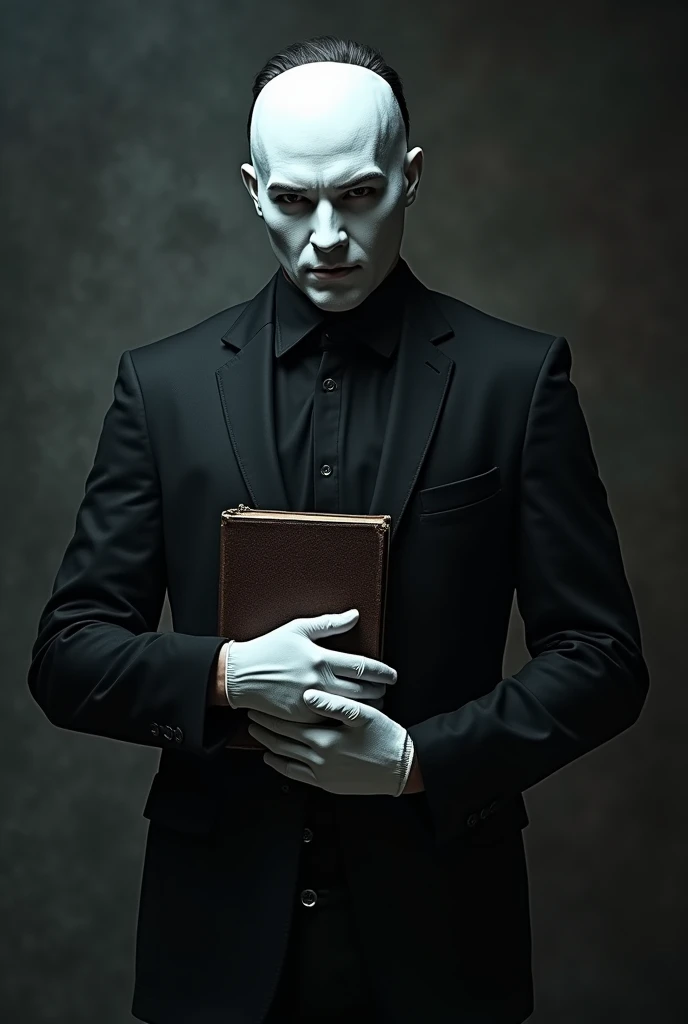 Man with a villainous appearance, not Smoke&#39;s negro, with white gloves, a white mask, holding a book 