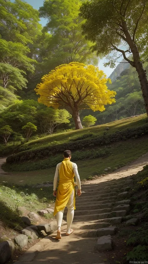 A white young man wearing yellow dhoti walking up a hill like mountain to a glowing yellow roses huge single tree, with green forest lining the path, 4k resolution, high resolution, cinematic, realistic, The overall scene is vibrant and dynamic.