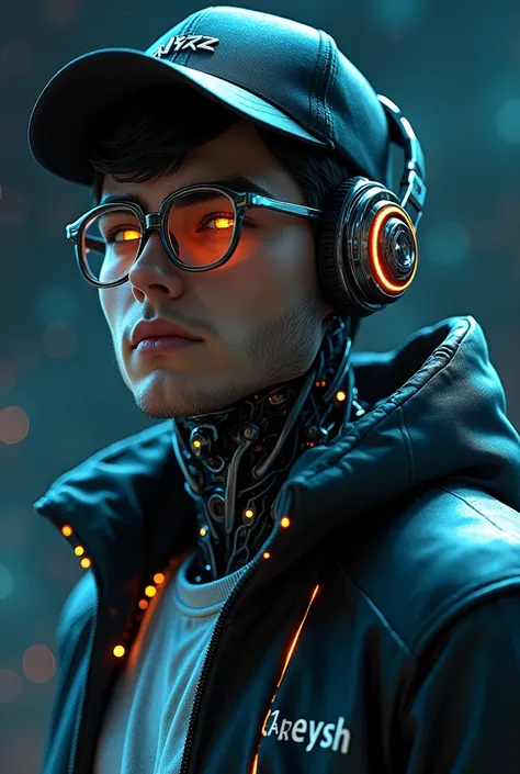 A highly detailed 18-year young boy cyborg, with a focus from the shoulders up, looking slightly towards the camera. The cyborg should have a futuristic and sleek appearance, featuring polished metal, intricate mechanical details, and neon glowing cybernet...